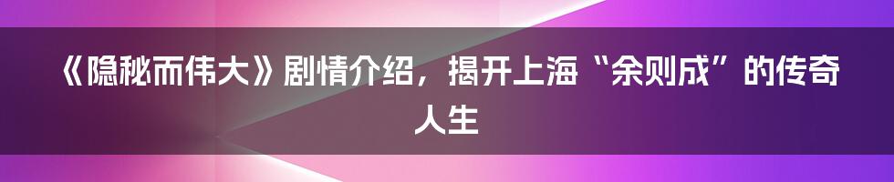 《隐秘而伟大》剧情介绍，揭开上海“余则成”的传奇人生